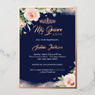 Roze Goud Navy Bloemige Quinceanera Verjaardag Folie Uitnodiging