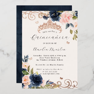 Roze Goud Navy Blush Bloemrijke Swirl Quinceanera Folie Uitnodiging