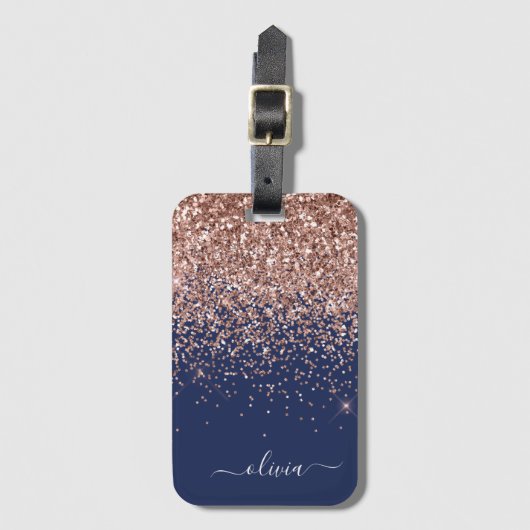 Roze Goud Navyblauw Glitter Monogram Bagagelabel (Voorkant (verticaal))