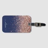 Roze Goud Navyblauw Glitter Monogram Bagagelabel (Voorkant (horizontaal))