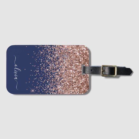 Roze Goud Navyblauw Glitter Monogram Bagagelabel (Voorkant (horizontaal))
