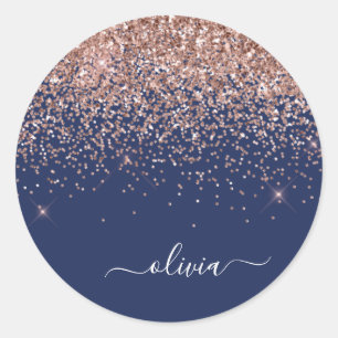 Roze Goud Navyblauw Glitter Monogram Ronde Sticker