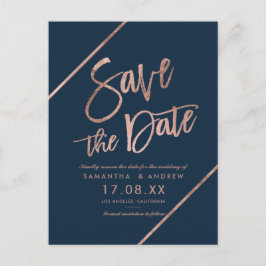 Roze goud navyblauw schrift save the date bruiloft aankondigingskaart