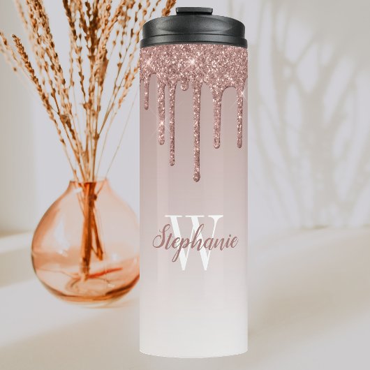 Roze Goud Nep Glitter Druppel Glans Ombre Monogram Thermosbeker
