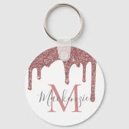 Roze Goud Nep Glitter Druppels op Witte Monogram Sleutelhanger