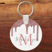 Roze Goud Nep Glitter Druppels op Witte Monogram Sleutelhanger (Voorkant)
