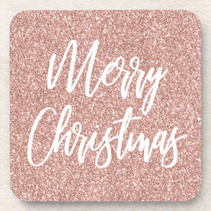 Roze Goud Nep Glitter Prettig Kerstmis Calligrafie Bier Onderzetter