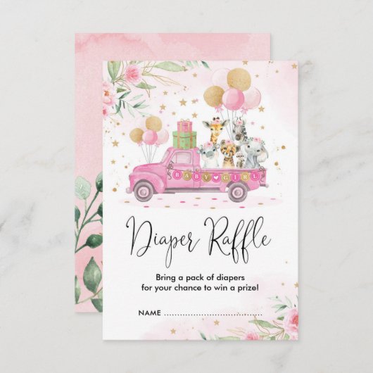 Roze Goud Oerwoud Safari Dieren Luier Raffle Informatiekaartje (Voorkant / Achterkant)