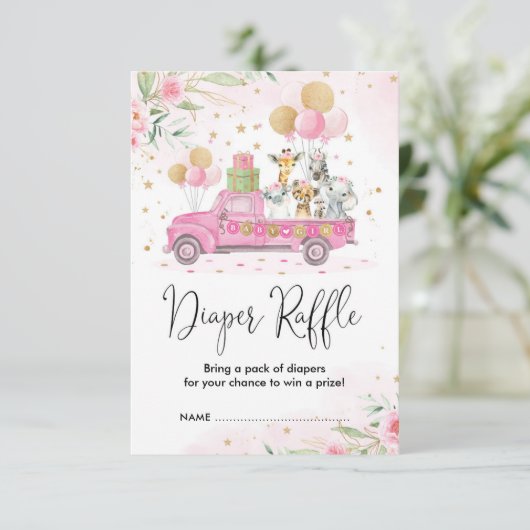Roze Goud Oerwoud Safari Dieren Luier Raffle Informatiekaartje (Staand voorkant)
