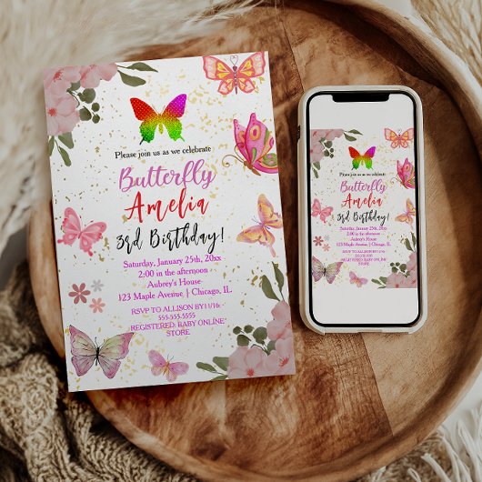 Roze goud paarse elegante vlinder meisje verjaarda kaart