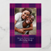 Roze Goud & Paarse Geruite Folie Kerst Foto Kaart (Voorkant)
