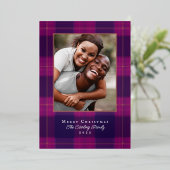 Roze Goud & Paarse Geruite Folie Kerst Foto Kaart (Staand Voorkant)