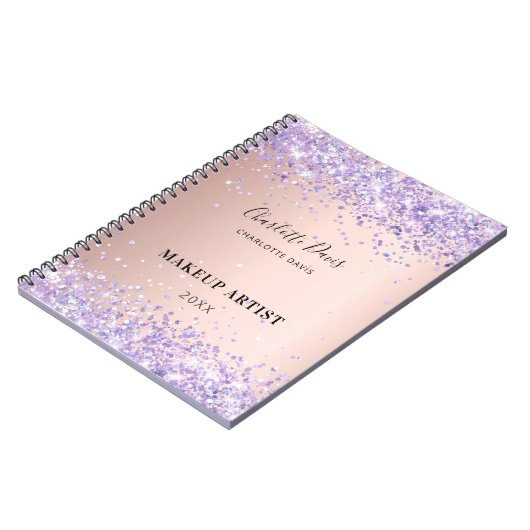 Roze goud paarse glitters naam handtekening bedrij notitieboek (Linkerzijde)