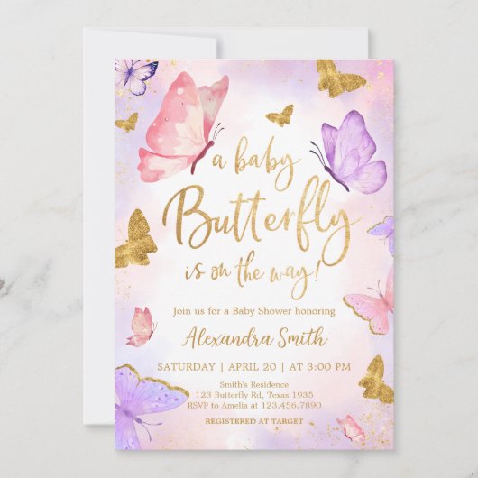 Roze Goud Paarse Vlinder Baby shower Kaart (Voorkant)