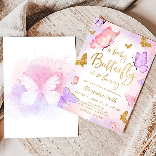 Roze Goud Paarse Vlinder Baby shower Kaart