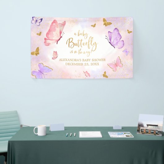 Roze Goud Paarse Vlinder Baby shower Spandoek (Beurs)