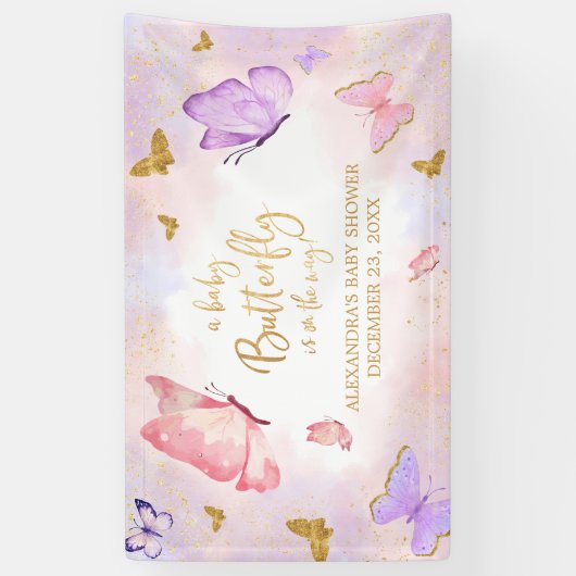 Roze Goud Paarse Vlinder Baby shower Spandoek (Verticaal)