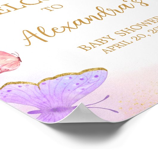 Roze Goud Paarse Vlinder Baby shower Welkom Poster (Hoek)
