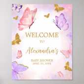 Roze Goud Paarse Vlinder Baby shower Welkom Poster (Voorkant)