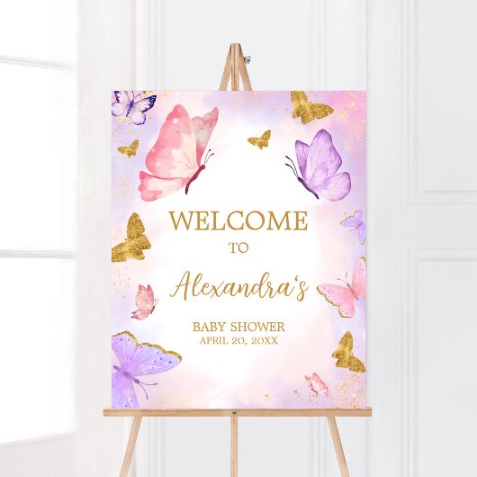 Roze Goud Paarse Vlinder Baby shower Welkom Poster