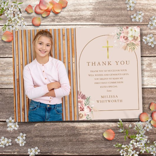 Roze Goud Pampas Gras Eerste Heilige Communie Bedankkaart