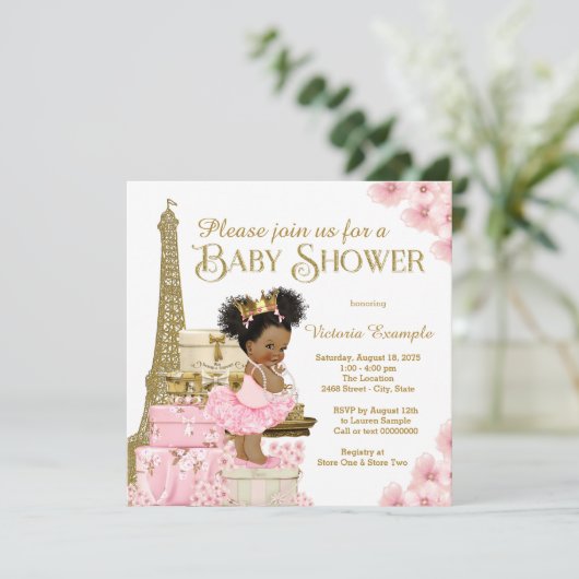 Roze Goud Paris Afro Princess Baby shower Kaart (Staand voorkant)
