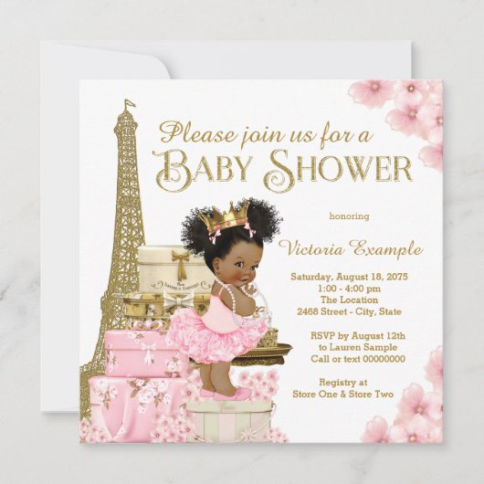 Roze Goud Paris Afro Princess Baby shower Kaart (Voorkant)
