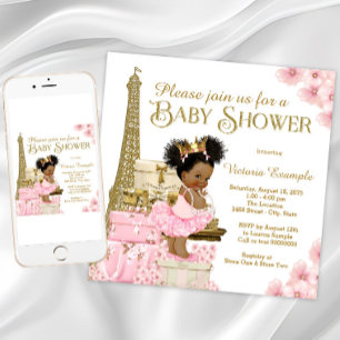 Roze Goud Paris Afro Princess Baby shower Kaart