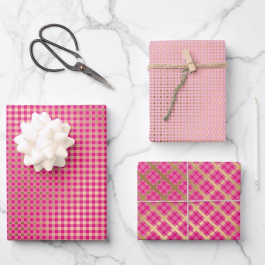 Roze Goud Plaid Modern Feestelijk Inpakpapier Vel (Voorkant)