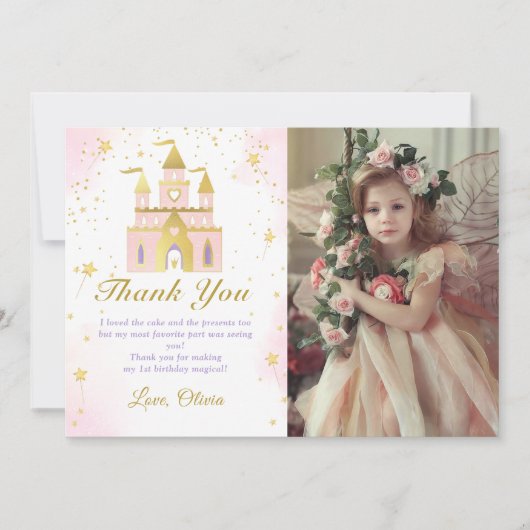 Roze Goud Prinses Carriage Verjaardag Foto Bedankkaart (Voorkant)