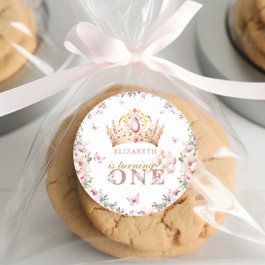 Roze Goud Prinses Kroon 1e Verjaardag Blush Bloeme Ronde Sticker