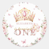 Roze Goud Prinses Kroon 1e Verjaardag Blush Bloeme Ronde Sticker (Voorkant)