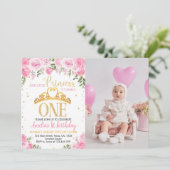 Roze Goud Prinses Kroon Eerste Verjaardag Uitnodig Kaart (Staand voorkant)