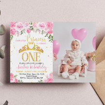 Roze Goud Prinses Kroon Eerste Verjaardag Uitnodig