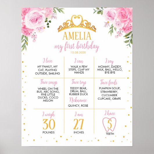 Roze Goud Prinses Kroon Verjaardag Mijlpaal teken Poster (Voorkant)