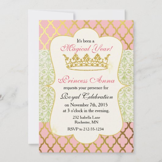Roze & Goud Prinses Meisje Verjaardag Uitnodiging (Voorkant)