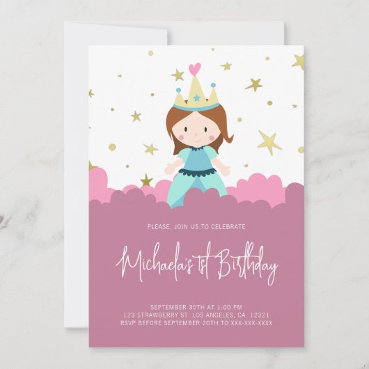 Roze Goud Prinses Meisje Verjaardagsfeestje Kaart (Voorkant)