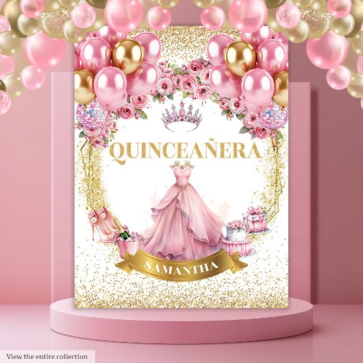 Roze Goud Quinceañera Achtergrond Glam Ballon Styl Wandkleed