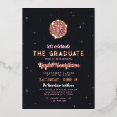 Roze Goud Retro Discoball Flares Afstudeerfeest Folie Uitnodiging (Voorkant)