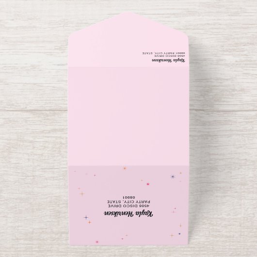 Roze Goud Retro Discoball Flares Sweet 16 Party All In One Uitnodiging (Buiten)