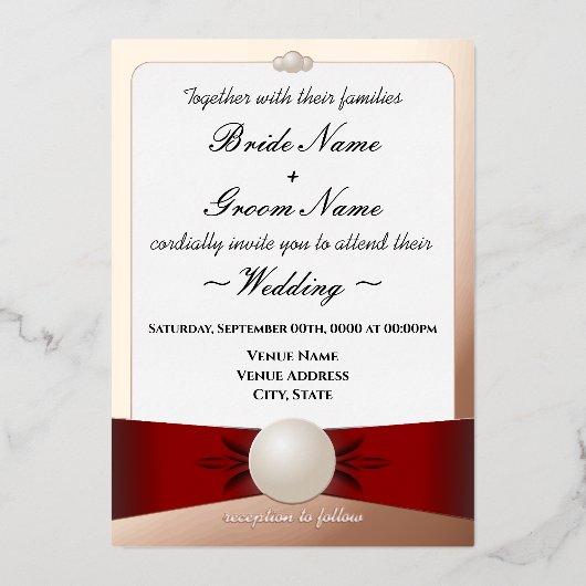 Roze Goud_Rood_Blauw_Parel Lint_Ceremonie/Receptie Folie Uitnodiging (Voorkant)