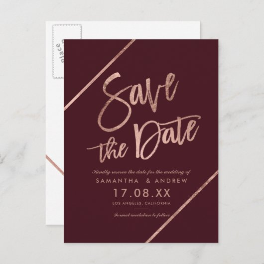 Roze goud rood bordeaux  script  save the date aankondigingskaart (Voorkant / Achterkant)
