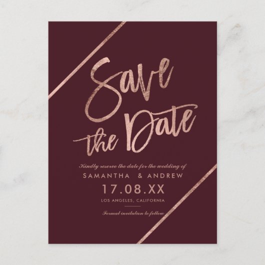 Roze goud rood bordeauxrood  script  save the date aankondigingskaart (Voorkant)
