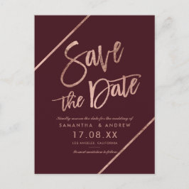 Roze goud rood burgundy schrift save the date aankondigingskaart