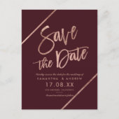 Roze goud rood burgundy schrift save the date aankondigingskaart (Voorkant)