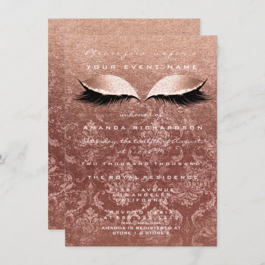 Roze Goud Roos Damask Eyes Glitter 16e bruids Kaart (Voorkant / Achterkant)