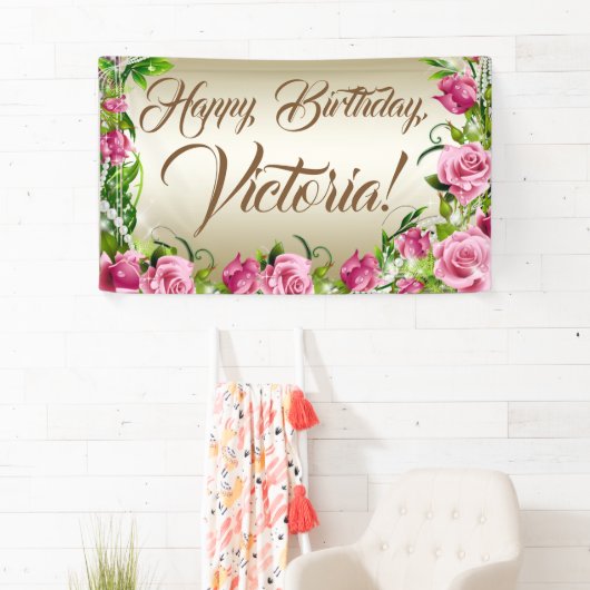 Roze Goud Roos Verjaardag Party Banner (Insitu)