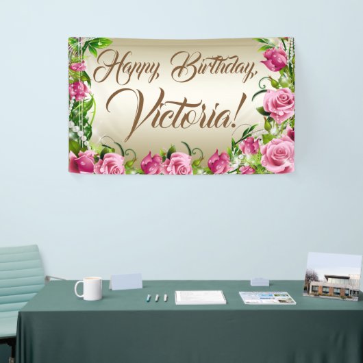 Roze Goud Roos Verjaardag Party Banner (Beurs)