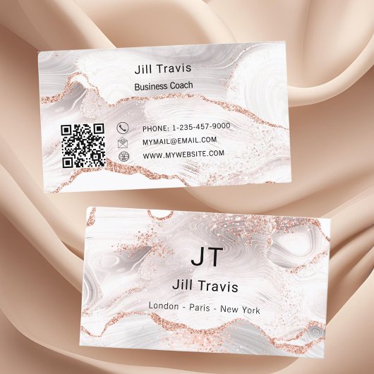 Roze goud roze agaat marmeren QR-code Visitekaartje