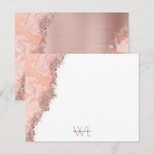 Roze Goud Roze Agate Geode Glitter Monogram Notiti Bedankkaart (Voorkant / Achterkant)